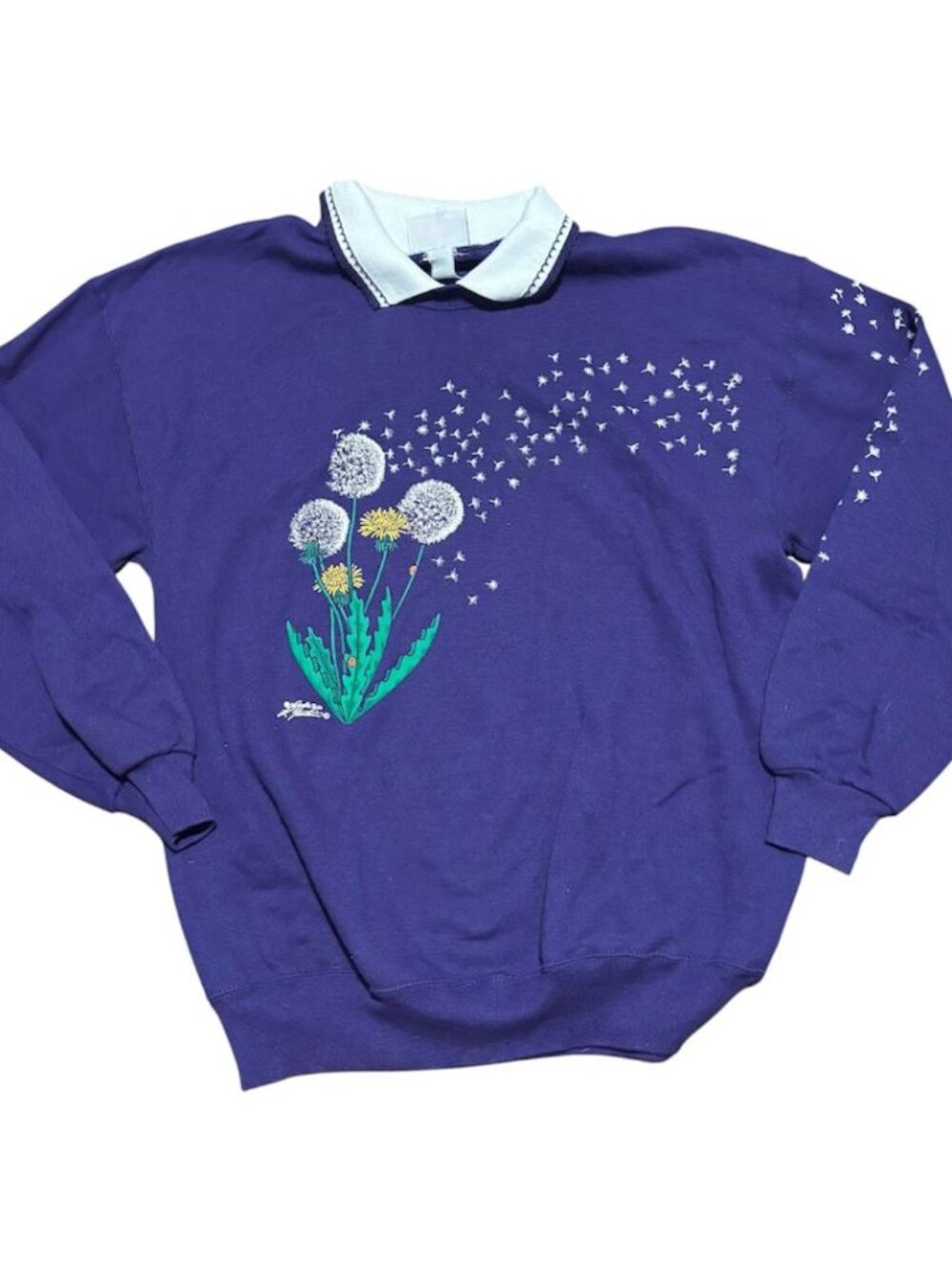 Vintage 1990s Purple Dandelion White Collar Crewneck Sweatshirt Size XL